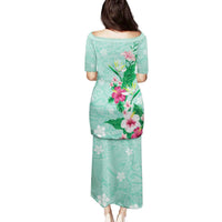 Hawaii Tropical Flowers Family Matching Puletasi and Hawaiian Shirt Polynesian Tattoo Mint Green