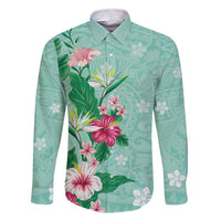 Hawaii Tropical Flowers Family Matching Summer Maxi Dress and Hawaiian Shirt Polynesian Tattoo Mint Green