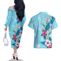 Hawaii Tropical Flowers Couples Matching Off The Shoulder Long Sleeve Dress and Hawaiian Shirt Polynesian Tattoo Sky Blue LT05 - Polynesian Pride