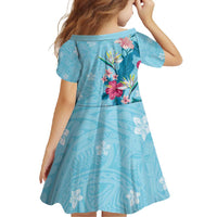 Hawaii Tropical Flowers Family Matching Long Sleeve Bodycon Dress and Hawaiian Shirt Polynesian Tattoo Sky Blue