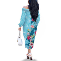 Hawaii Tropical Flowers Family Matching Off The Shoulder Long Sleeve Dress and Hawaiian Shirt Polynesian Tattoo Sky Blue