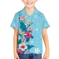 Hawaii Tropical Flowers Family Matching Short Sleeve Bodycon Dress and Hawaiian Shirt Polynesian Tattoo Sky Blue