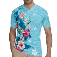 Hawaii Tropical Flowers Rugby Jersey Polynesian Tattoo Sky Blue
