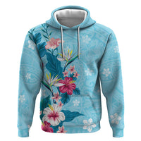 Hawaii Tropical Flowers Zip Hoodie Polynesian Tattoo Sky Blue