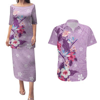 Hawaii Tropical Flowers Couples Matching Puletasi and Hawaiian Shirt Polynesian Tattoo Lavender