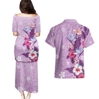 Hawaii Tropical Flowers Couples Matching Puletasi and Hawaiian Shirt Polynesian Tattoo Lavender
