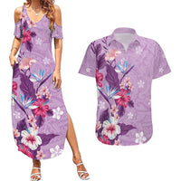 Hawaii Tropical Flowers Couples Matching Summer Maxi Dress and Hawaiian Shirt Polynesian Tattoo Lavender