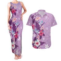 Hawaii Tropical Flowers Couples Matching Tank Maxi Dress and Hawaiian Shirt Polynesian Tattoo Lavender