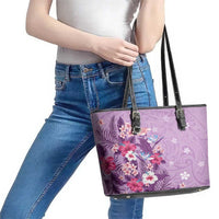 Hawaii Tropical Flowers Leather Tote Bag Polynesian Tattoo Lavender