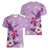 Hawaii Tropical Flowers Women V-Neck T-Shirt Polynesian Tattoo Lavender