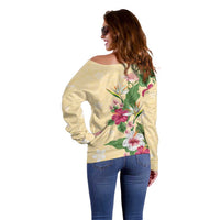 Hawaii Tropical Flowers Off Shoulder Sweater Polynesian Tattoo Buttermilk