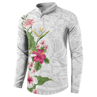 Hawaii Tropical Flowers Button Sweatshirt Polynesian Tattoo White