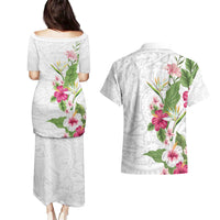 Hawaii Tropical Flowers Couples Matching Puletasi and Hawaiian Shirt Polynesian Tattoo White