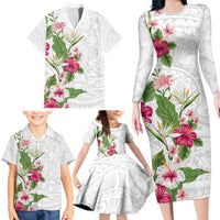 Hawaii Tropical Flowers Family Matching Long Sleeve Bodycon Dress and Hawaiian Shirt Polynesian Tattoo White