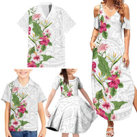Hawaii Tropical Flowers Family Matching Summer Maxi Dress and Hawaiian Shirt Polynesian Tattoo White