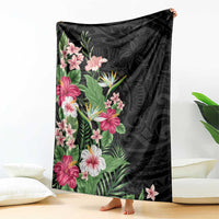 Hawaii Tropical Flowers Blanket Polynesian Tattoo Black