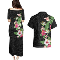 Hawaii Tropical Flowers Couples Matching Puletasi and Hawaiian Shirt Polynesian Tattoo Black