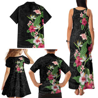 Hawaii Tropical Flowers Family Matching Tank Maxi Dress and Hawaiian Shirt Polynesian Tattoo Black