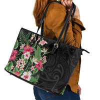 Hawaii Tropical Flowers Leather Tote Bag Polynesian Tattoo Black