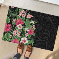 Hawaii Tropical Flowers Rubber Doormat Polynesian Tattoo Black