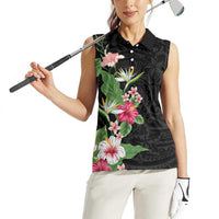 Hawaii Tropical Flowers Women Sleeveless Polo Shirt Polynesian Tattoo Black