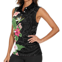 Hawaii Tropical Flowers Women Sleeveless Polo Shirt Polynesian Tattoo Black
