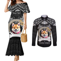 Personalized Shiba Inu Dog Couples Matching Mermaid Dress and Long Sleeve Button Shirts With Polynesian Heart Name Tags LT05 Black - Polynesian Pride