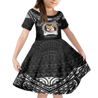 Personalized Shiba Inu Dog Family Matching Puletasi Dress and Hawaiian Shirt With Polynesian Heart Name Tags LT05 Daughter's Dress Black - Polynesian Pride