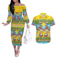 Hawaii Christmas Couples Matching Off The Shoulder Long Sleeve Dress and Hawaiian Shirt Mele Kalikimaka Tropical Vibes - Polynesian Pride