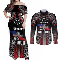 Personalised Samoa Black Saturday Couples Matching Off Shoulder Maxi Dress and Long Sleeve Button Shirt Samoan Warrior Tribal Pattern