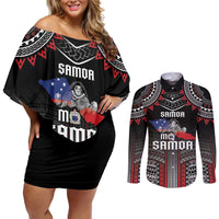 Personalised Samoa Black Saturday Couples Matching Off Shoulder Short Dress and Long Sleeve Button Shirt Samoan Warrior Tribal Pattern