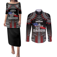 Personalised Samoa Black Saturday Couples Matching Puletasi and Long Sleeve Button Shirt Samoan Warrior Tribal Pattern
