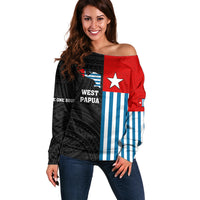 Personalised West Papua Off Shoulder Sweater Polynesian Pattern With Coat Of Arms LT05 Women Blue - Polynesian Pride