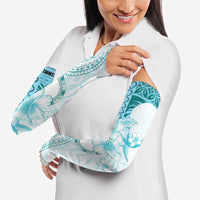 Samoa Siapo Pattern With Teal Hibiscus Arm Sleeves - Polynesian Pride