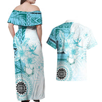 Samoa Siapo Pattern With Teal Hibiscus Couples Matching Off Shoulder Maxi Dress and Hawaiian Shirt LT05 - Polynesian Pride