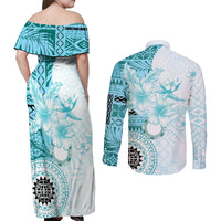 Samoa Siapo Pattern With Teal Hibiscus Couples Matching Off Shoulder Maxi Dress and Long Sleeve Button Shirt LT05 - Polynesian Pride
