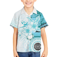 Samoa Siapo Pattern With Teal Hibiscus Family Matching Off Shoulder Maxi Dress and Hawaiian Shirt LT05 Son's Shirt Teal - Polynesian Pride