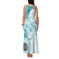Samoa Siapo Pattern With Teal Hibiscus Family Matching Tank Maxi Dress and Hawaiian Shirt LT05 - Polynesian Pride