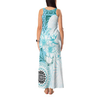 Samoa Siapo Pattern With Teal Hibiscus Tank Maxi Dress LT05 - Polynesian Pride