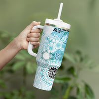 Samoa Siapo Pattern With Teal Hibiscus Tumbler With Handle