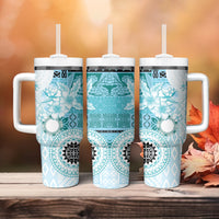 Samoa Siapo Pattern With Teal Hibiscus Tumbler With Handle