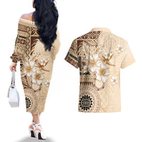 Samoa Siapo Pattern With Beige Hibiscus Couples Matching Off The Shoulder Long Sleeve Dress and Hawaiian Shirt LT05 - Polynesian Pride