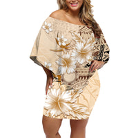 Samoa Siapo Pattern With Beige Hibiscus Family Matching Off Shoulder Short Dress and Hawaiian Shirt LT05 Mom's Dress Beige - Polynesian Pride