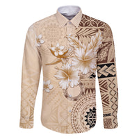 Samoa Siapo Pattern With Beige Hibiscus Family Matching Summer Maxi Dress and Hawaiian Shirt LT05 Dad's Shirt - Long Sleeve Beige - Polynesian Pride