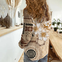 Samoa Siapo Pattern With Beige Hibiscus Women Casual Shirt LT05 - Polynesian Pride