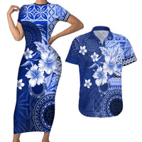 Samoa Siapo Pattern With Navy Hibiscus Couples Matching Short Sleeve Bodycon Dress and Hawaiian Shirt LT05