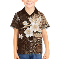 Samoa Siapo Pattern With Brown Hibiscus Family Matching Off Shoulder Long Sleeve Dress and Hawaiian Shirt LT05 Son's Shirt Brown - Polynesian Pride