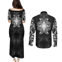 New Zealand Matariki Couples Matching Puletasi and Long Sleeve Button Shirt Maori Moko Black Galaxy