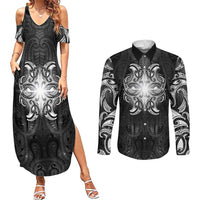 New Zealand Matariki Couples Matching Summer Maxi Dress and Long Sleeve Button Shirt Maori Moko Black Galaxy LT05 Black - Polynesian Pride
