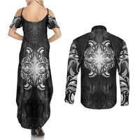 New Zealand Matariki Couples Matching Summer Maxi Dress and Long Sleeve Button Shirt Maori Moko Black Galaxy LT05 - Polynesian Pride